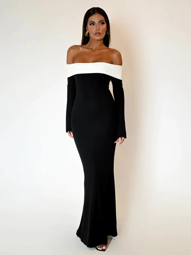 Patchwork Off-Shoulder Nightclub Maxi Dress