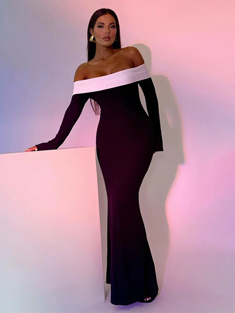 Patchwork Off-Shoulder Nightclub Maxi Dress