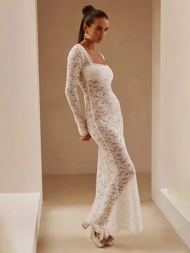 Lace Off Shoulder Backless Autumn Winter Maxi Dress