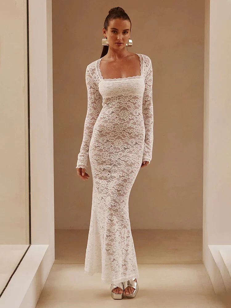 Lace Off Shoulder Backless Autumn Winter Maxi Dress