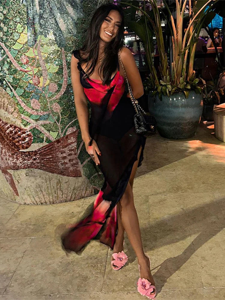Mesh Spaghetti Strap Backless Summer Maxi Dress