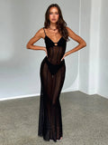 Perspective Mesh Spaghetti Strap Slim Bodycon Spring Maxi Dress