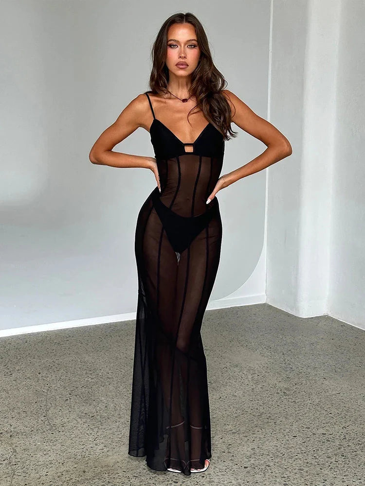 Perspective Mesh Spaghetti Strap Slim Bodycon Spring Maxi Dress