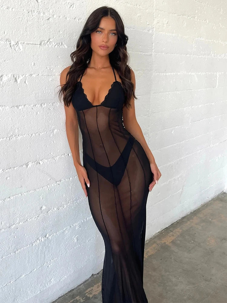 Perspective Mesh Bodycon Halter Backless Summer Maxi Dress