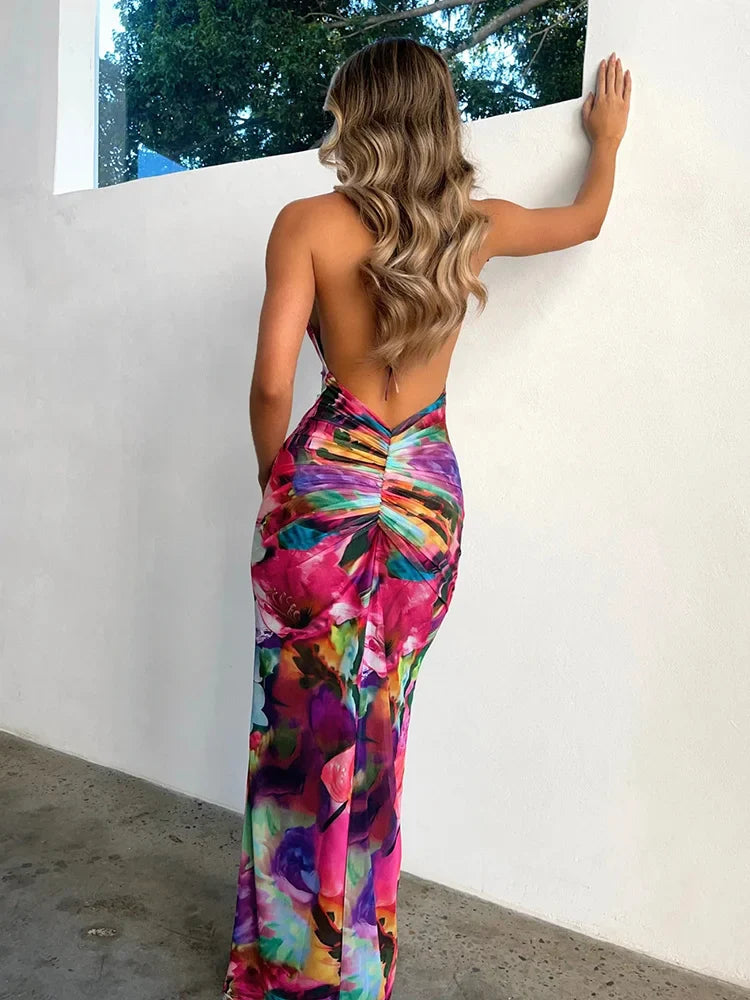 Print Backless Slim Bodycon Perspective Maxi Dress