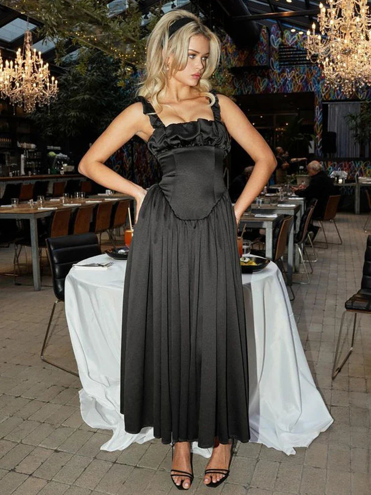 Pleated A-line Spaghetti Strap Backless Summer Maxi Dress