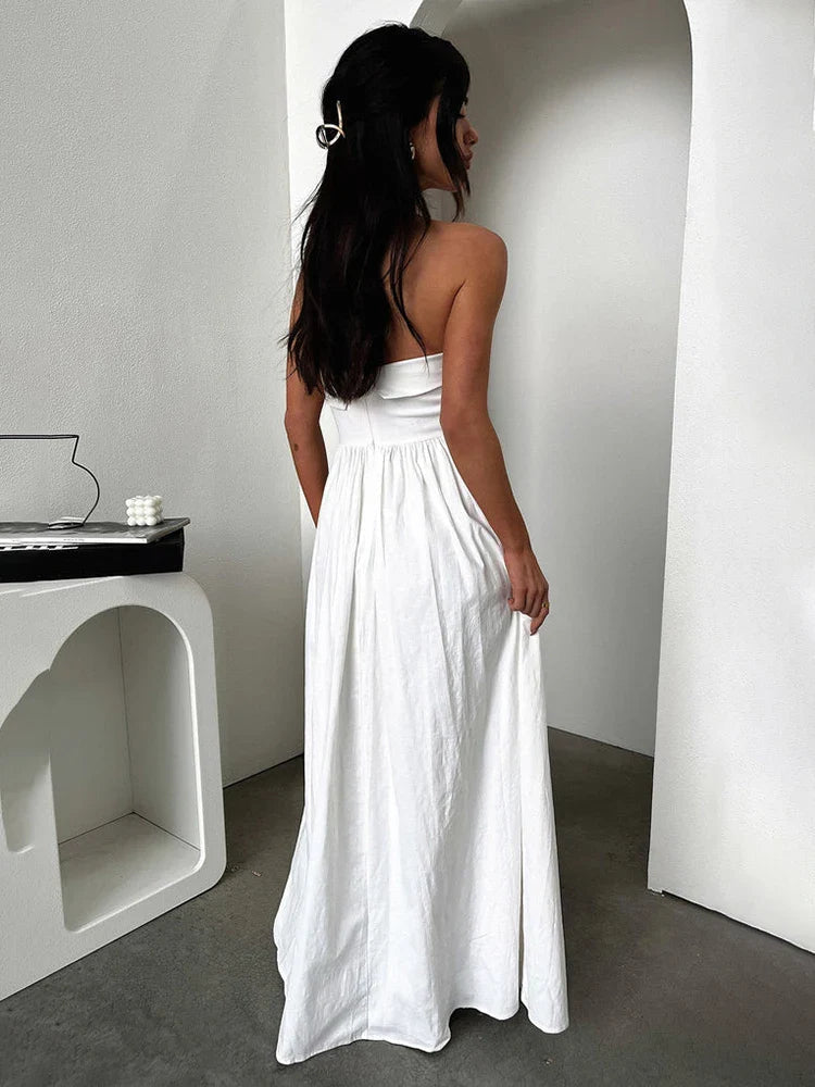 Pleated A-line Off Shoulder Backless Summer Maxi Dress