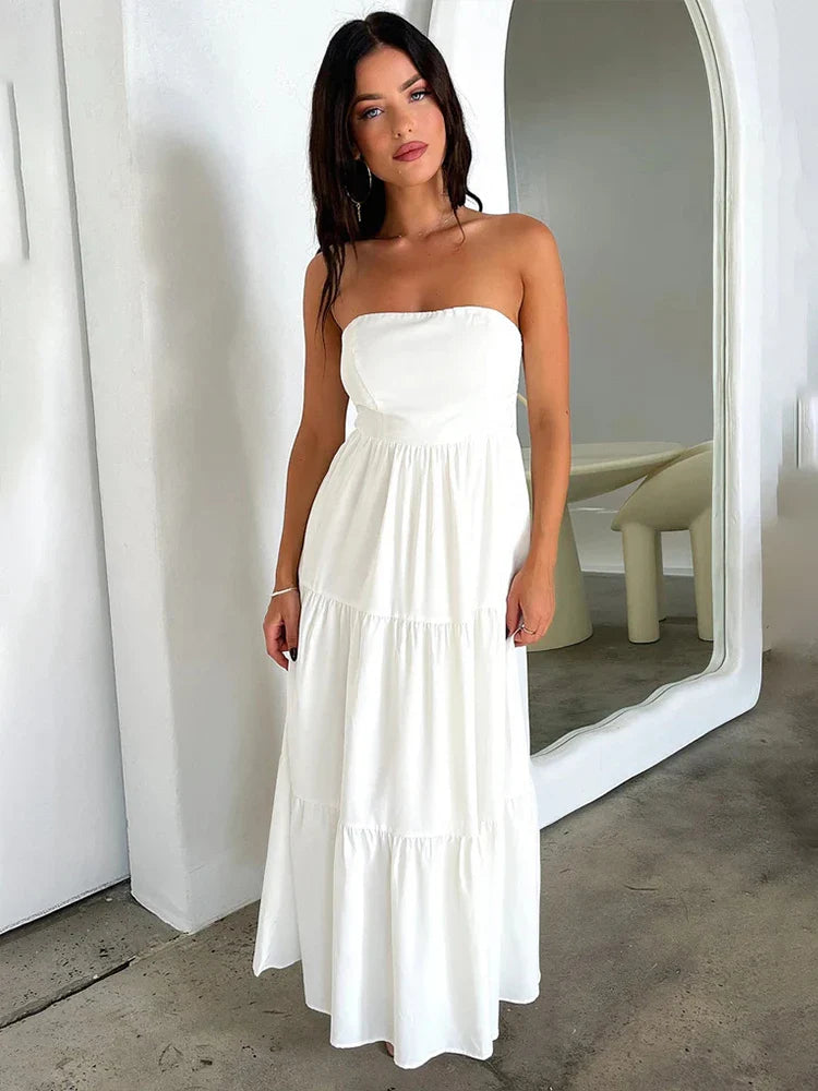 Pleated A-line Off Shoulder Backless Spring Summer Maxi Dress