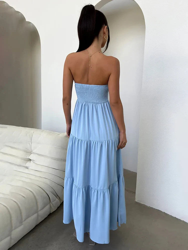 Pleated A-line Off Shoulder Backless Spring Summer Maxi Dress