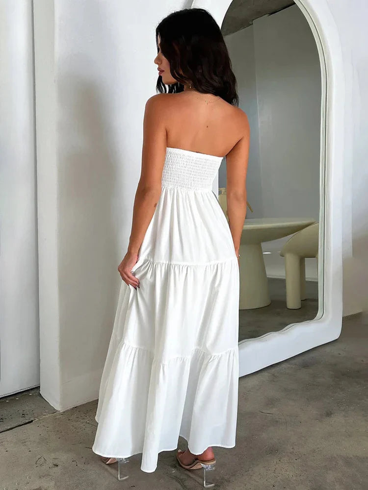 Pleated A-line Off Shoulder Backless Spring Summer Maxi Dress