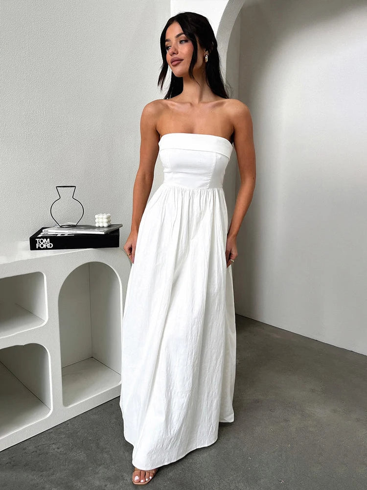 Pleated A-line Off Shoulder Backless Summer Maxi Dress