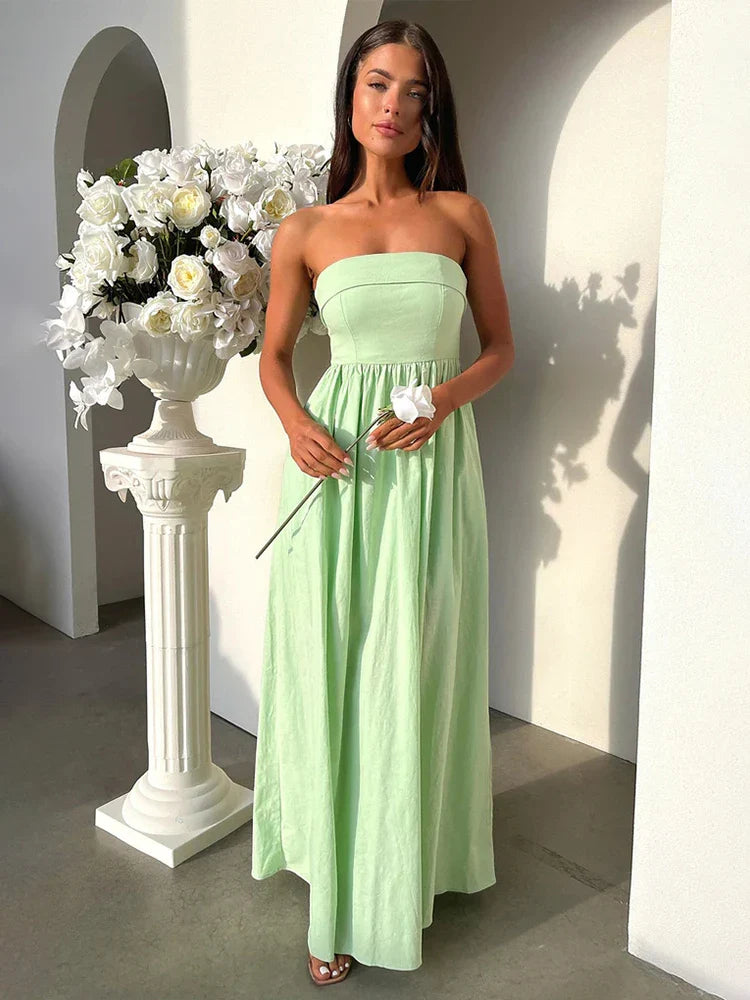 Pleated A-line Off Shoulder Backless Summer Maxi Dress