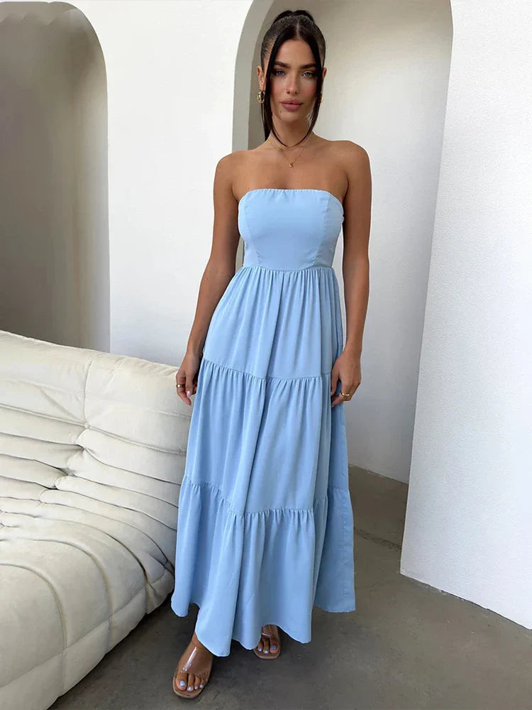 Pleated A-line Off Shoulder Backless Spring Summer Maxi Dress