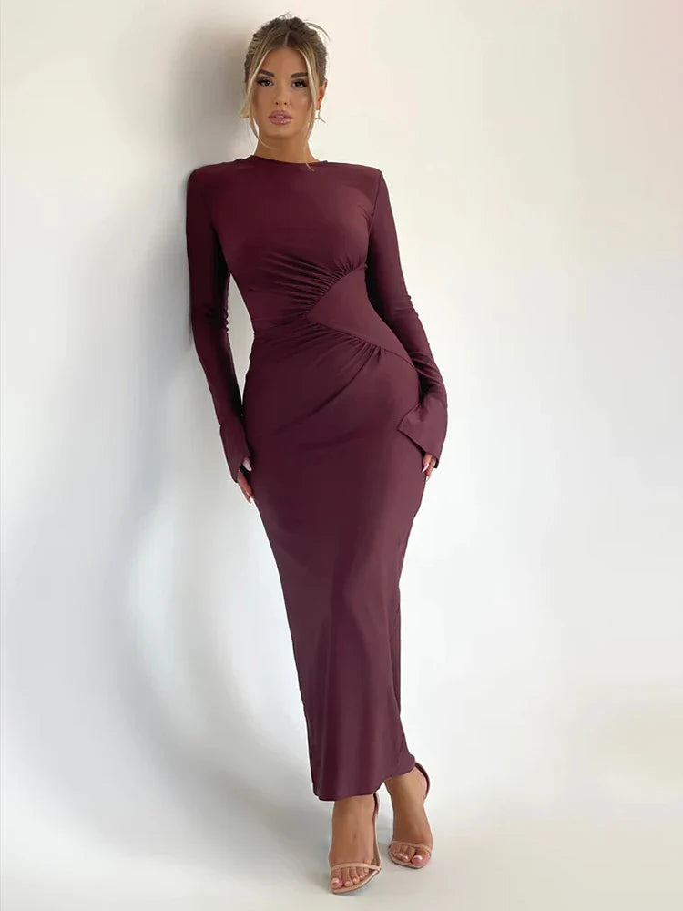 Pleated Slim Bodycon Autumn Winter Nightclub Maxi Dress