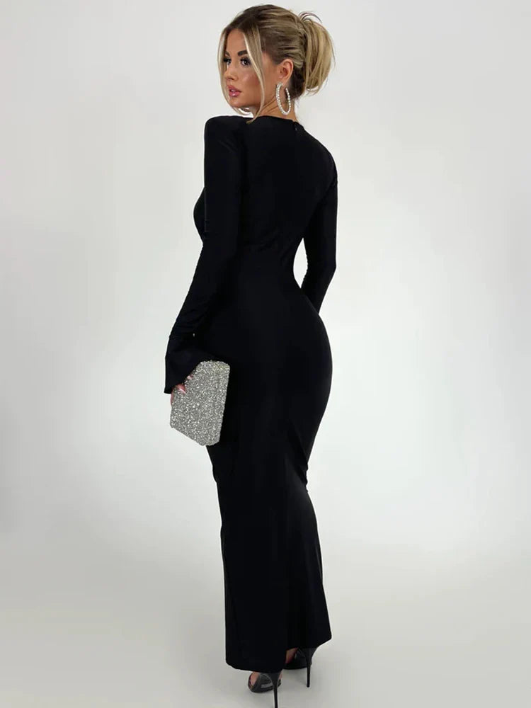 Pleated Slim Bodycon Autumn Winter Nightclub Maxi Dress
