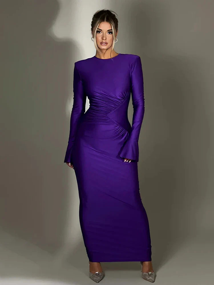 Pleated Slim Bodycon Autumn Winter Nightclub Maxi Dress