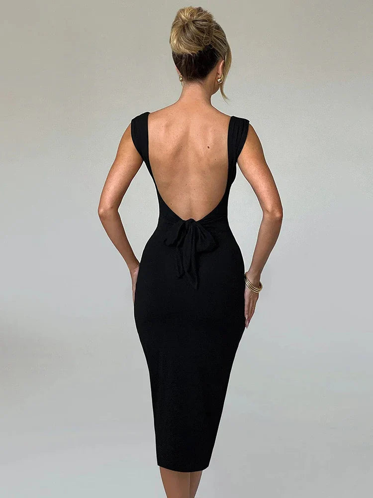 Pleated Backless Slim Strap Midi Dress