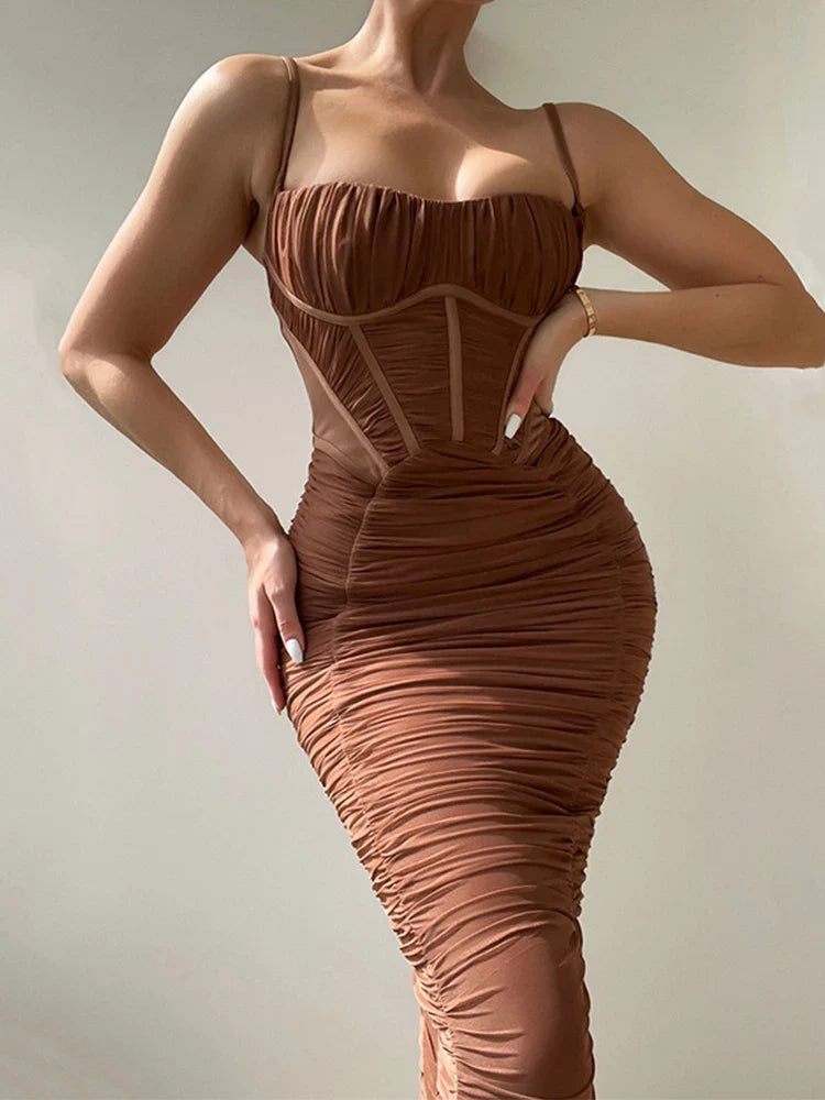 Pleated Strap Slash Neck Backless Bodycon Midi Dress