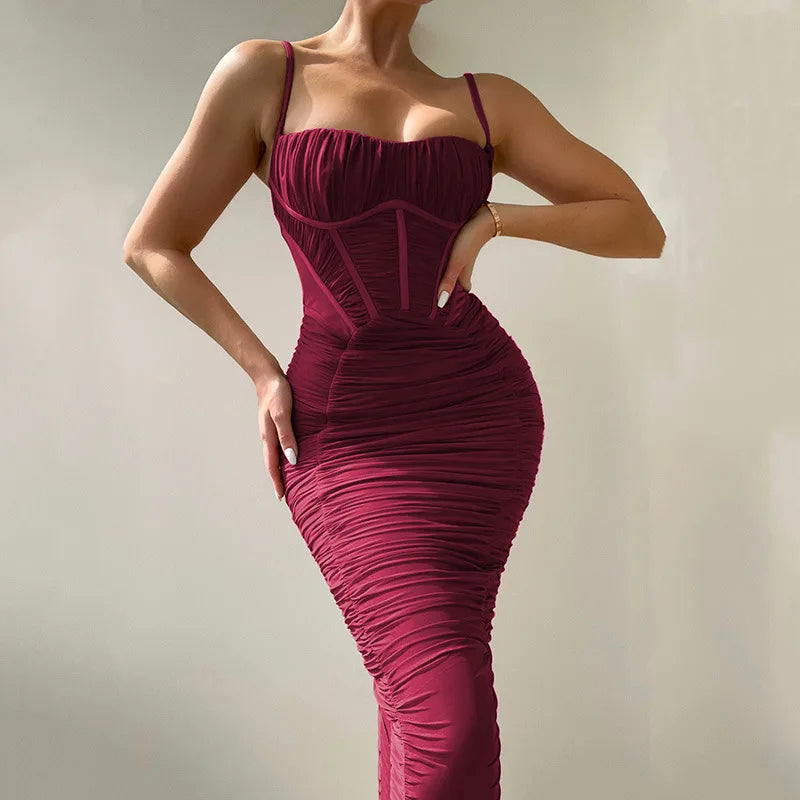 Pleated Strap Slash Neck Backless Bodycon Midi Dress