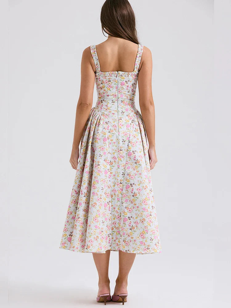 Printed A Line Backless Strap Midi Dress