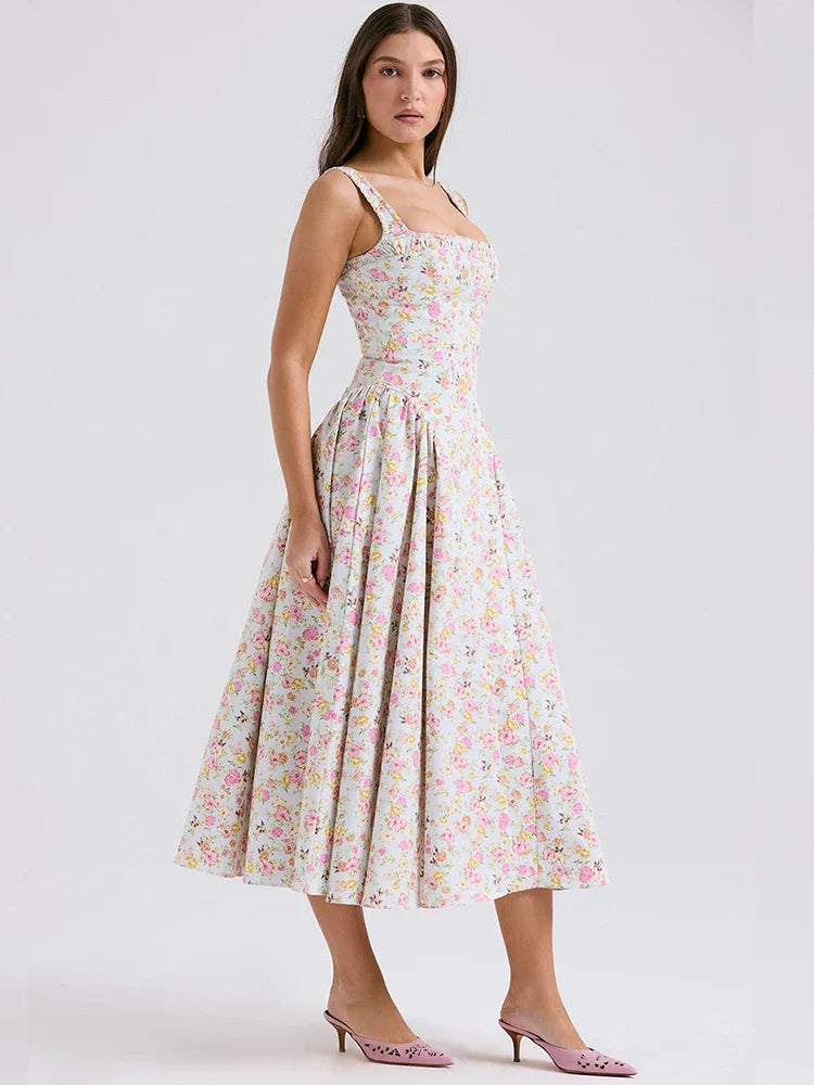 Printed A Line Backless Strap Midi Dress