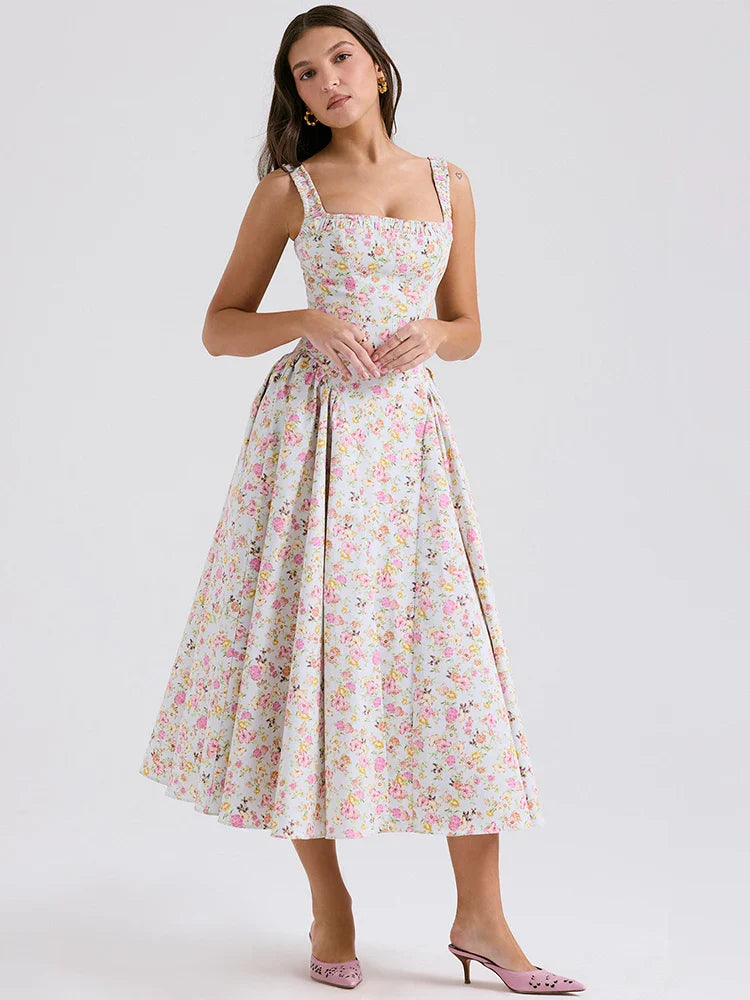 Printed A Line Backless Strap Midi Dress
