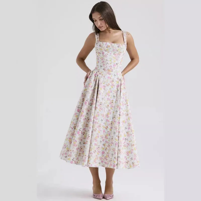 Printed A Line Backless Strap Midi Dress