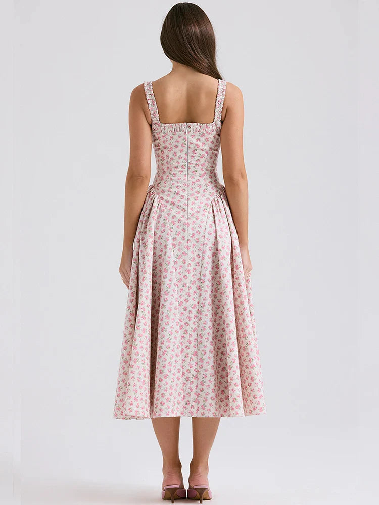 Printed A Line Backless Strap Midi Dress