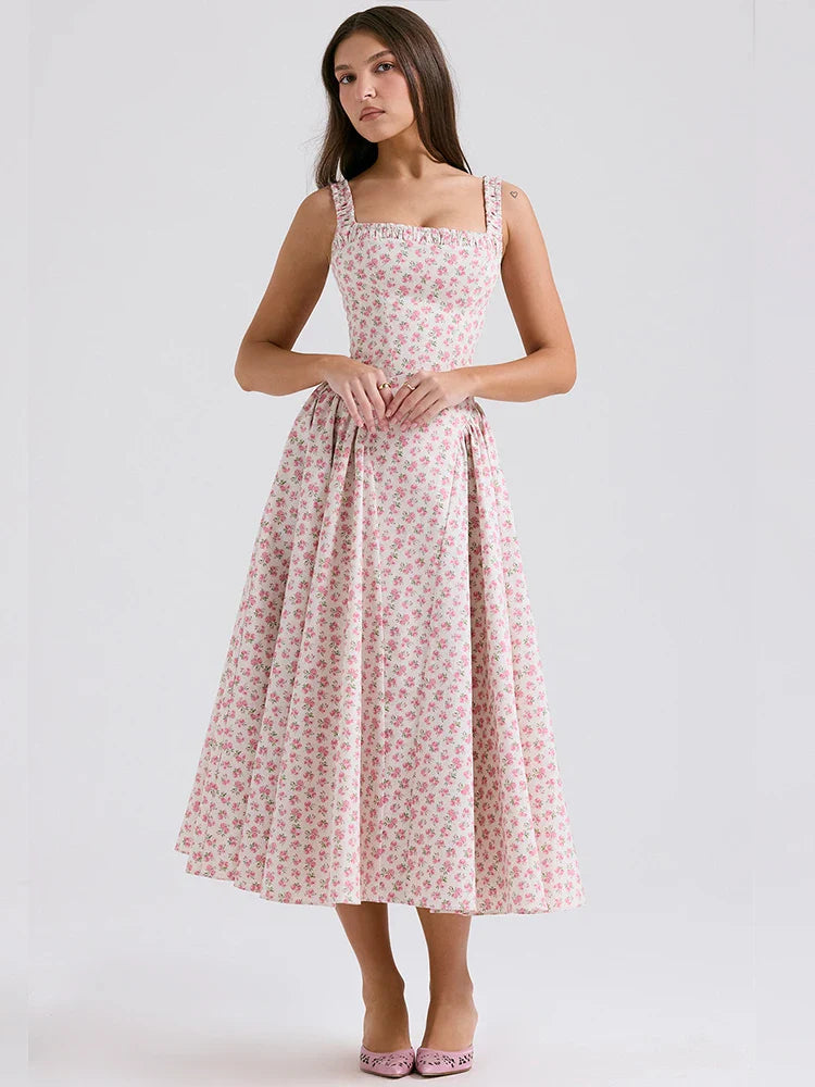 Printed A Line Backless Strap Midi Dress