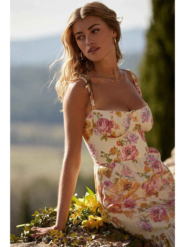 Printed A Line Strap Backless Club Midi Dress