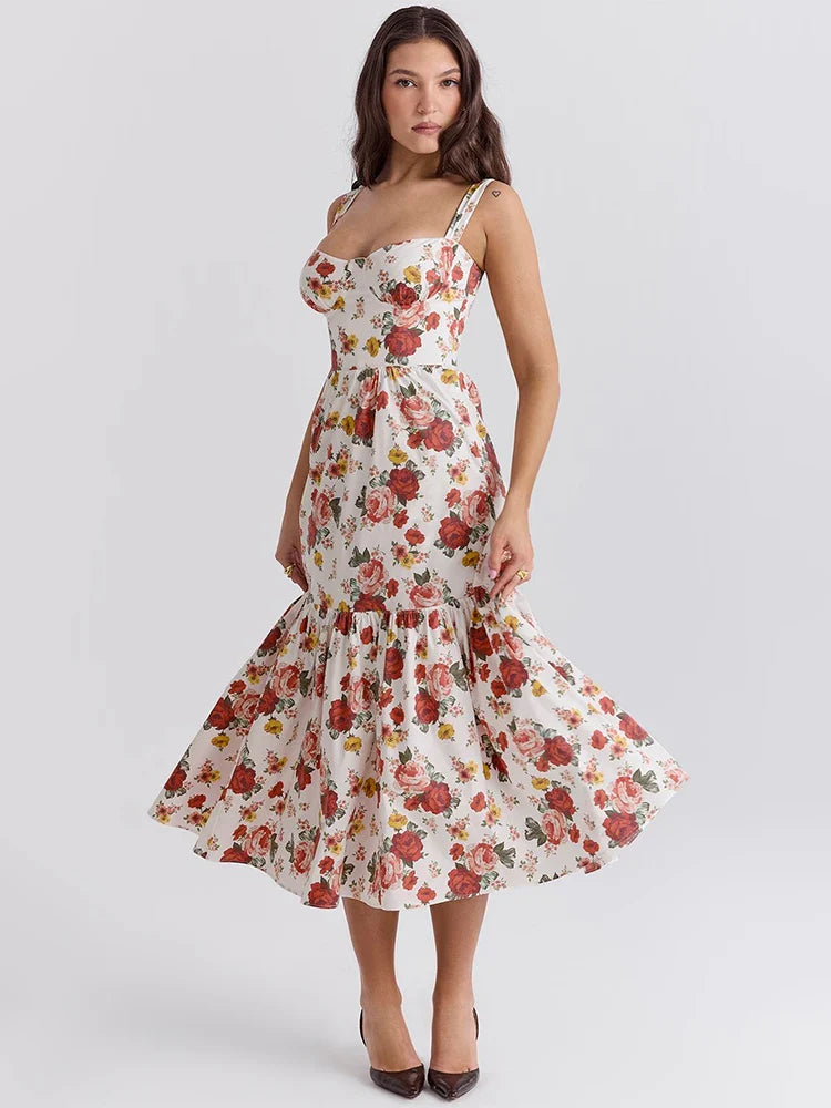 Printed A Line Strap Backless Club Midi Dress
