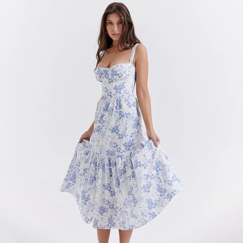 Printed A Line Strap Backless Club Midi Dress