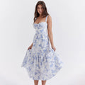 Printed A Line Strap Backless Club Midi Dress