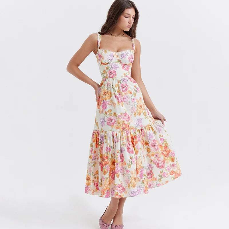 Printed A Line Strap Backless Club Midi Dress