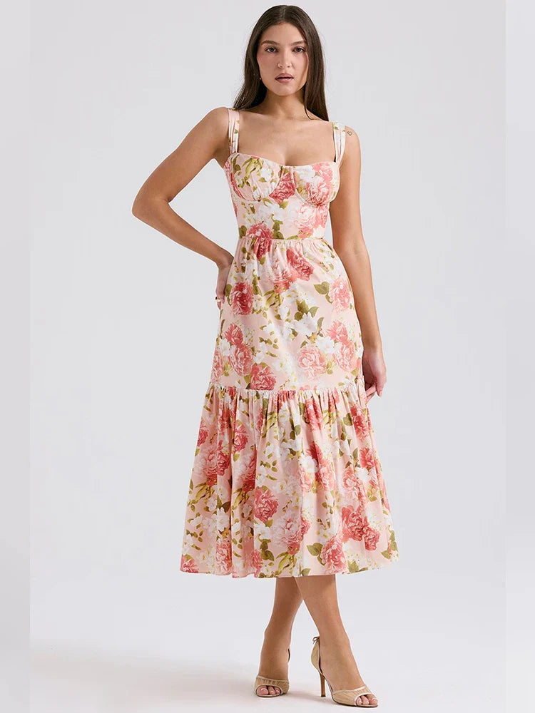 Printed A Line Strap Backless Club Midi Dress