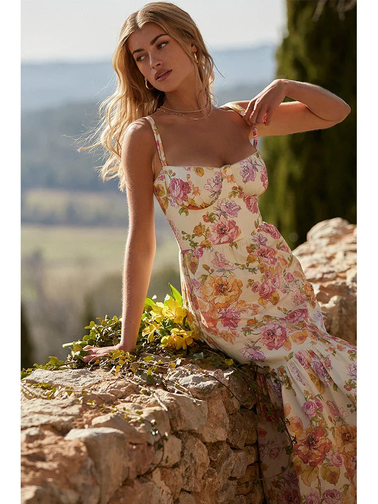 Printed A Line Strap Backless Club Midi Dress