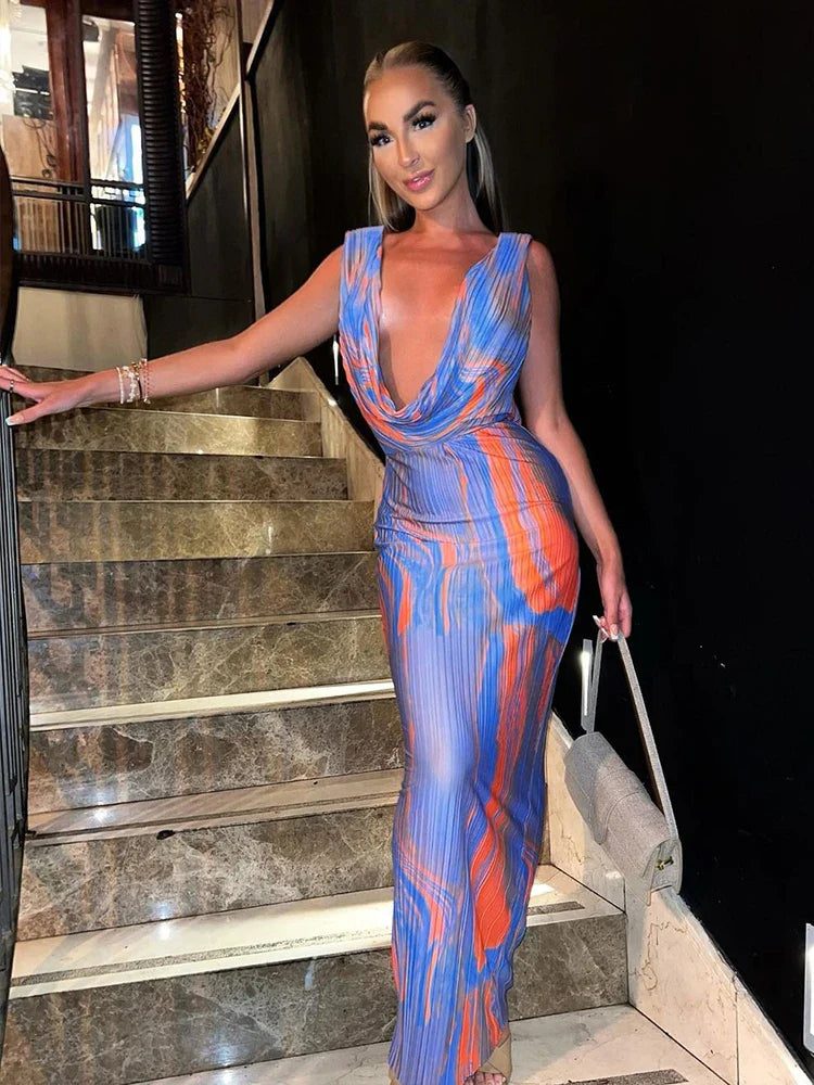 Print Mesh Split Backless Ruffled Maxi Dress