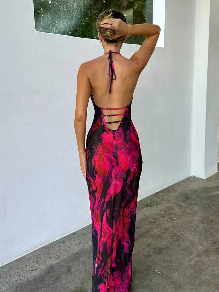 Printed Halter Backless Slim Bodycon Midi Dress