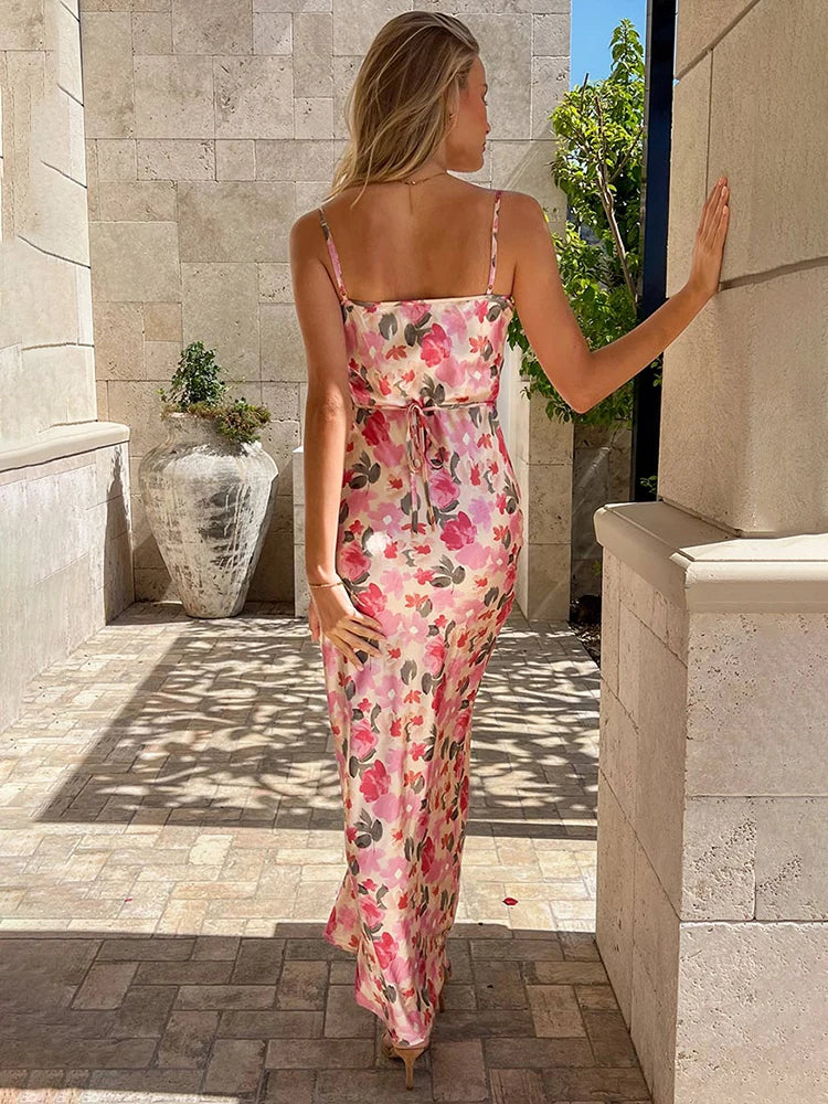 Print Spaghetti Strap Slim Bodycon Backless Nightclub Spring Summer Maxi Dress