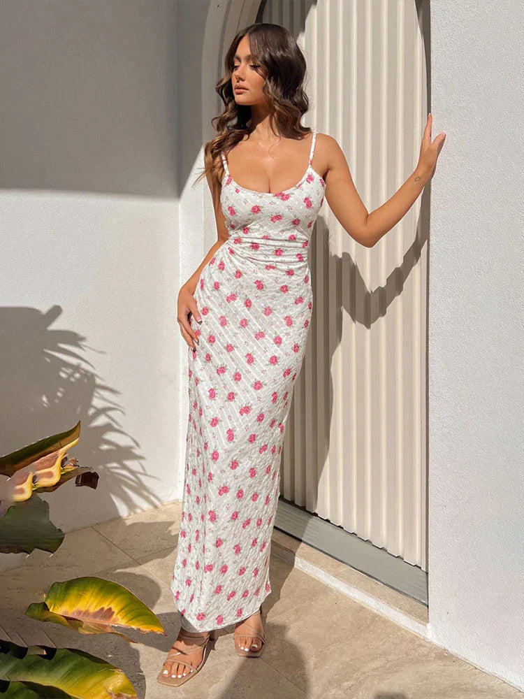 Print Spaghetti Strap Slim Bodycon Backless Nightclub Spring Summer Maxi Dress
