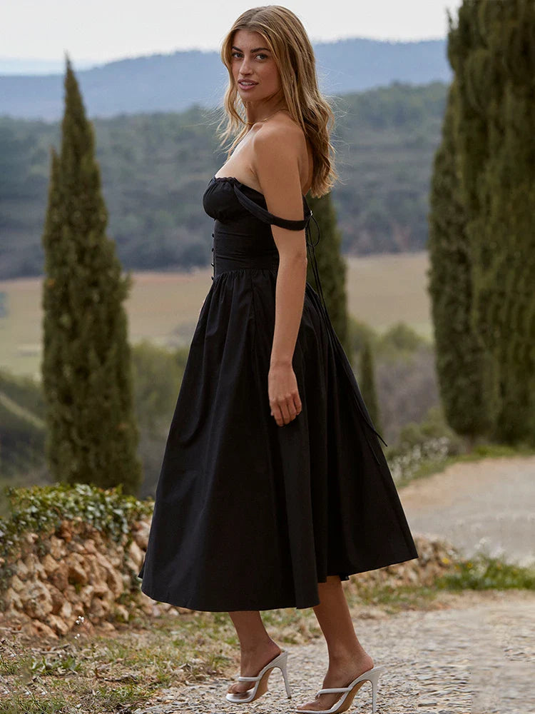 Printed A Line Strap Long Backless Midi Dress