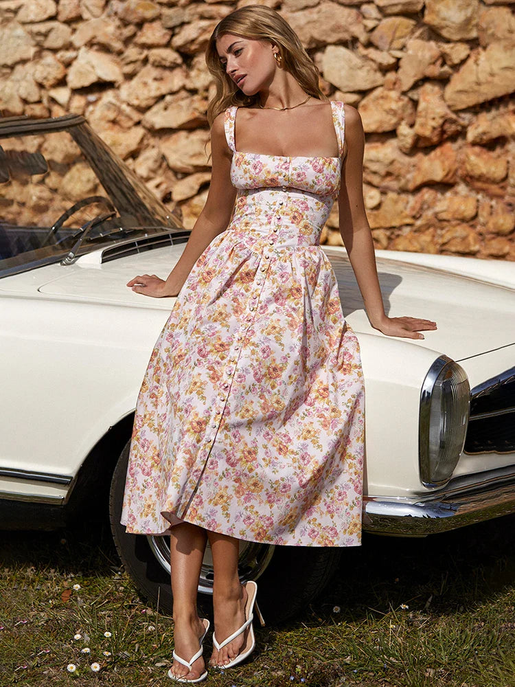 Printed A Line Strap Long Backless Midi Dress