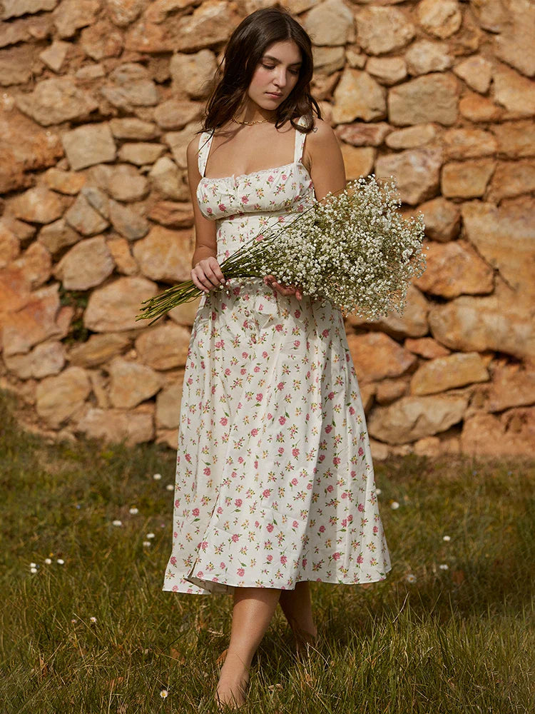 Printed A Line Strap Long Backless Midi Dress