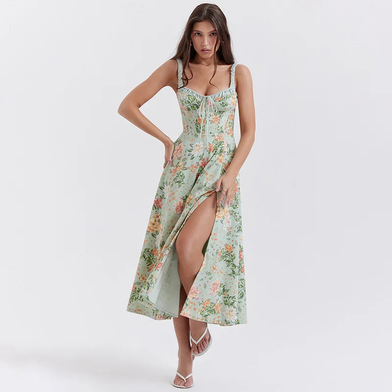 Printed A Line Split Strap Backless Midi Dress