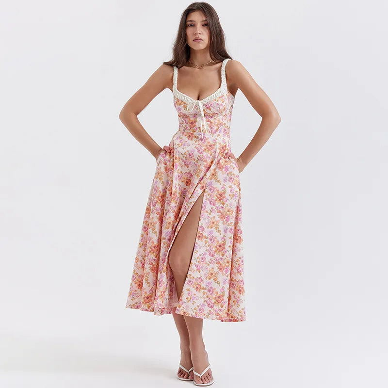 Printed A Line Split Strap Backless Midi Dress