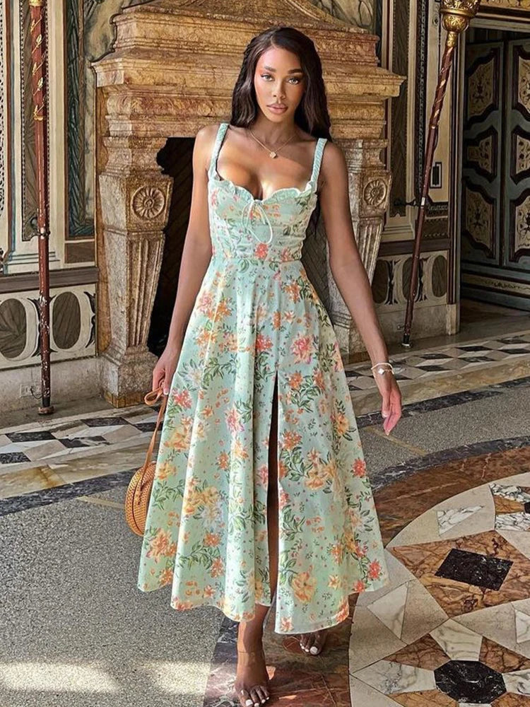 Printed A Line Split Strap Backless Midi Dress