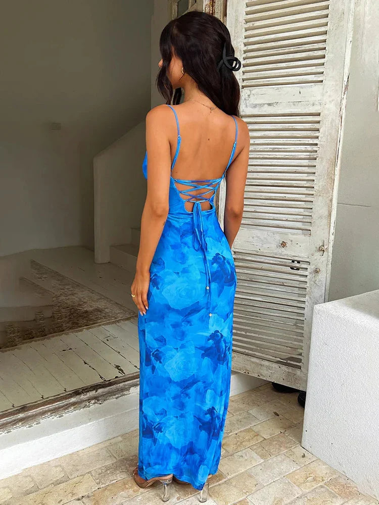 Print Bodycon Spaghetti Strap Backless Maxi Dress