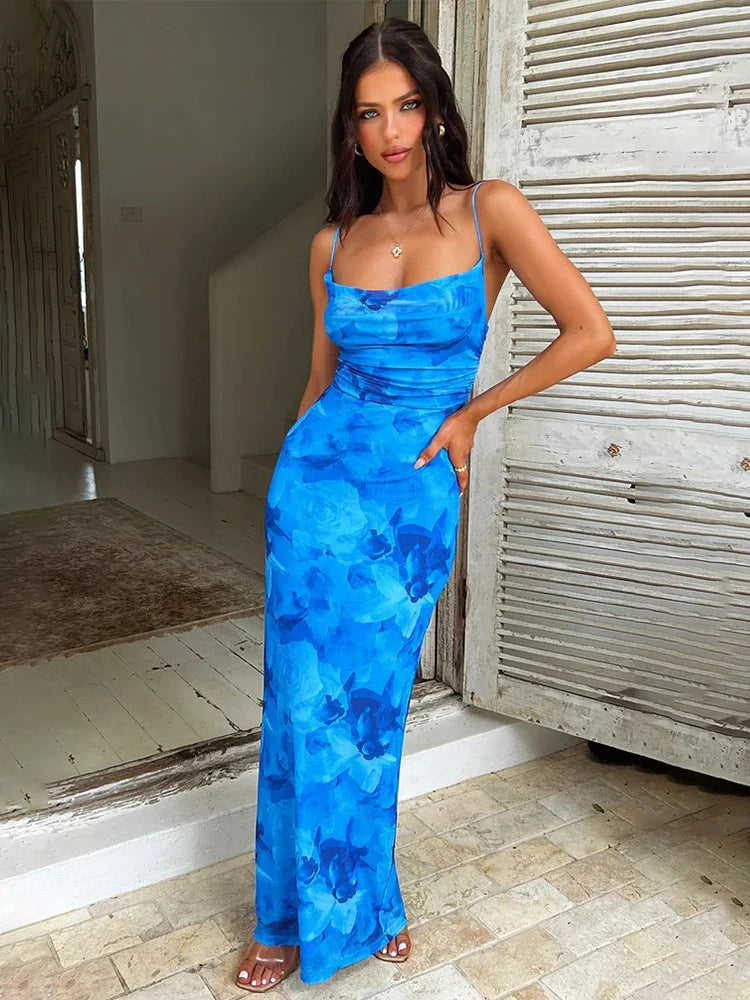 Print Bodycon Spaghetti Strap Backless Maxi Dress