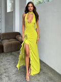 Ruffles Asymmetric Deep V Neck Halter Spring Summer Maxi Dress