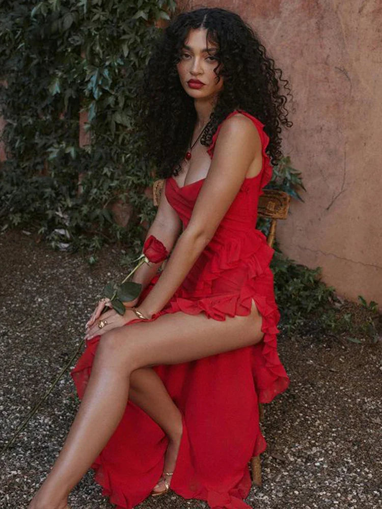 Ruffles High Split Spaghetti Strap V Neck Spring Summer Maxi Dress